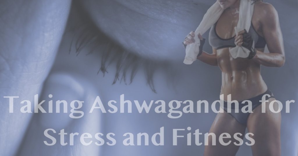 A sweaty fit woman in a bikini and a towel over around her neck. There is a stressed woman in the background. The Caption "Taking Ashwagandha for stress and fitness."
