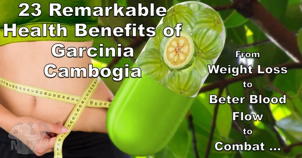 Fit woman measuring her belly and a Garcinia Cambogia plant in the background and a pill with fruit in the foreground. There is a caption "23 Remarkable Health Benefits of Garcinia Cambogia."