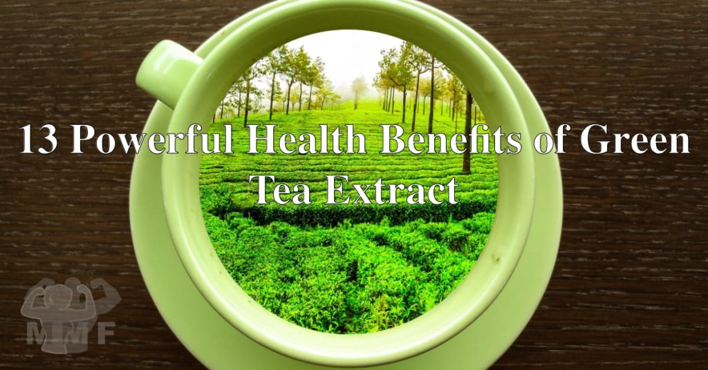 Top view of a cup of tea, inside the cup is a field of tea. With the caption "13 powerful health benefits of green tea extract."