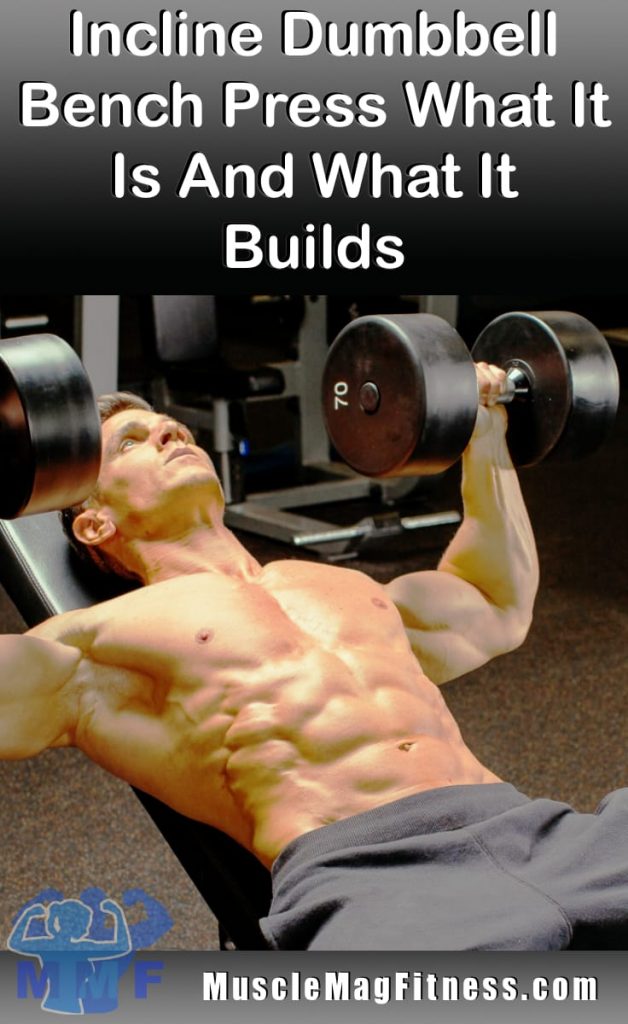 Pin image of fit shirtless man demonstrating Incline Dumbbell Bench Press
