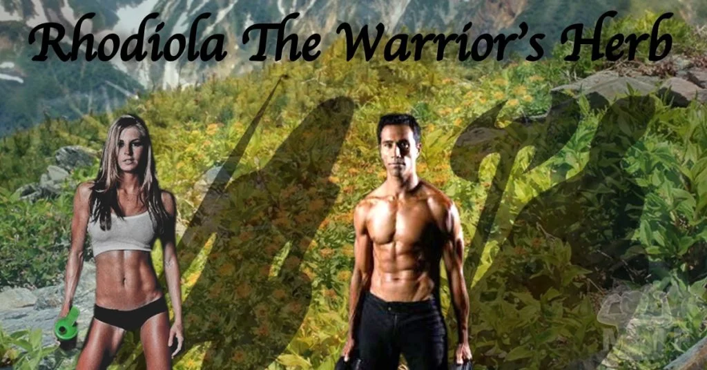 Fit man and woman in work out clothes standing in front of a mountain range and their shadows are viking warriors. Caption "Rhodiola the Warrior Herb."