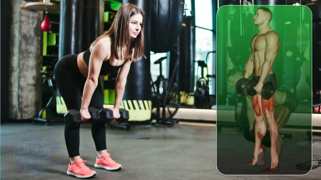 Fit woman posing a Romanian deadlift with an over lay of a CGI man demonstrating a Romanian deadlift to jump squat.