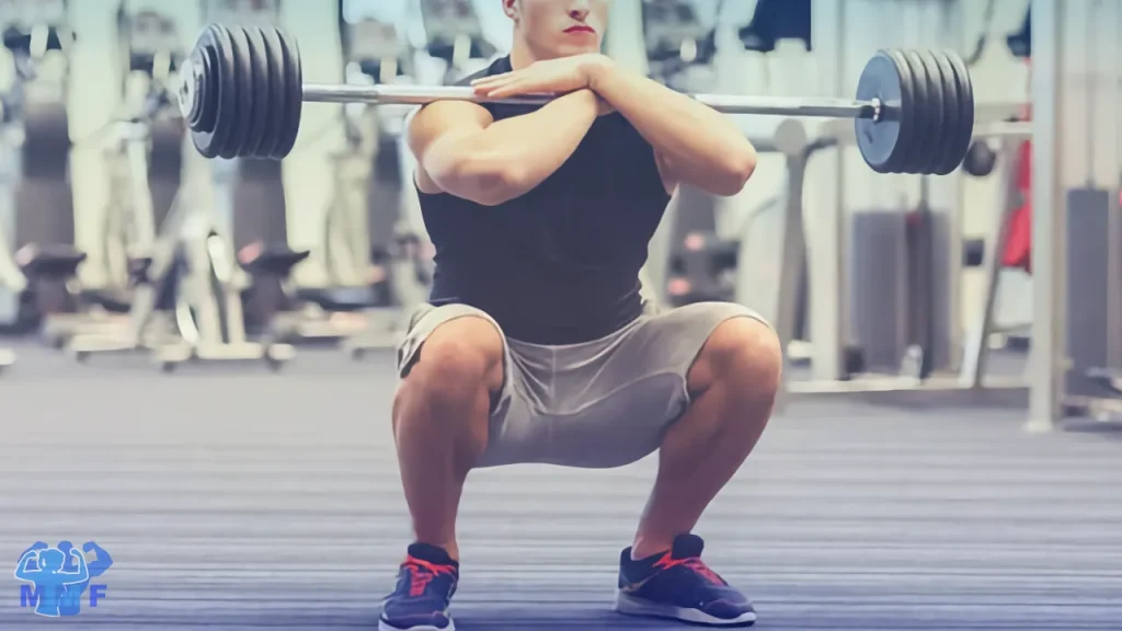 man performing barbell front squat in gym