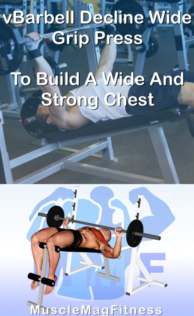 Pin image for barbell decline wide grip press post. With an image of a man performing the exercise on Top and a graphic of the exercise on the Bottom.
