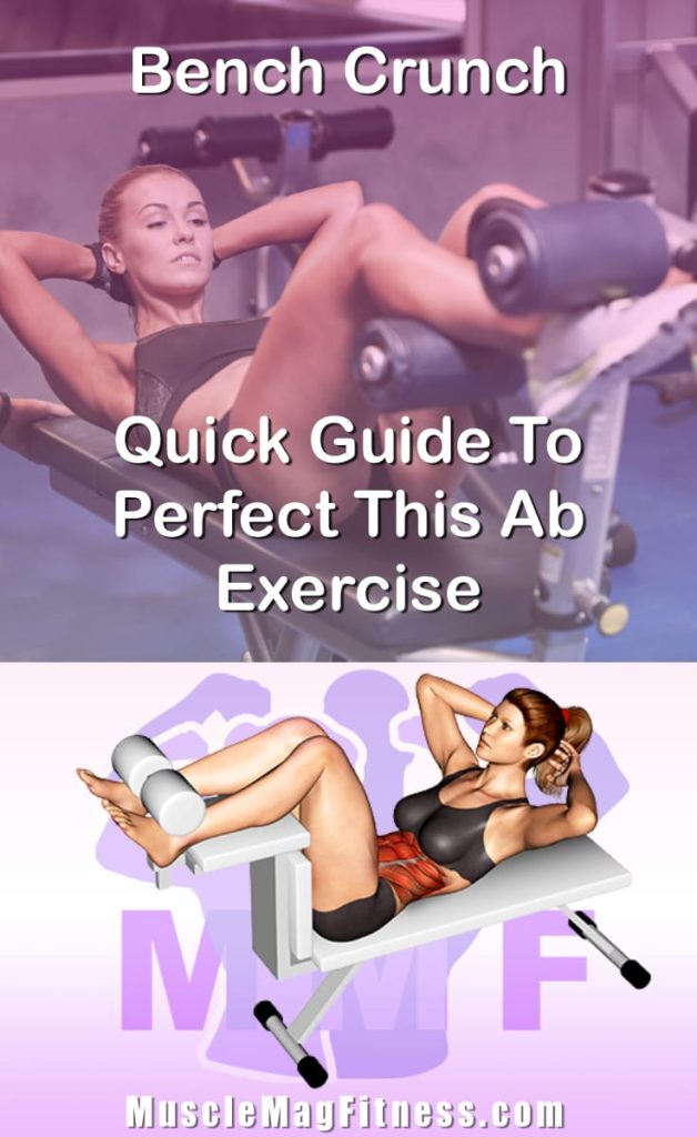 Pin image for bench crunch post. With an image of a woman performing the exercise on Top and a graphic of the exercise on the Bottom.