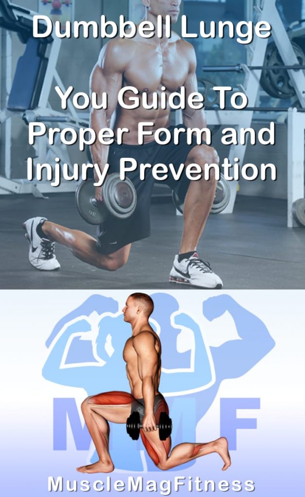 Pin image for dumbbell lunge post. With an image of a man performing the exercise on Top and a graphic of the exercise on the Bottom.