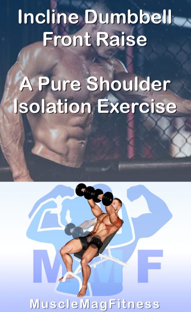 Pin image for incline dumbbell front raise post. With an image of a man performing the exercise on Top and a graphic of the exercise on the Bottom.