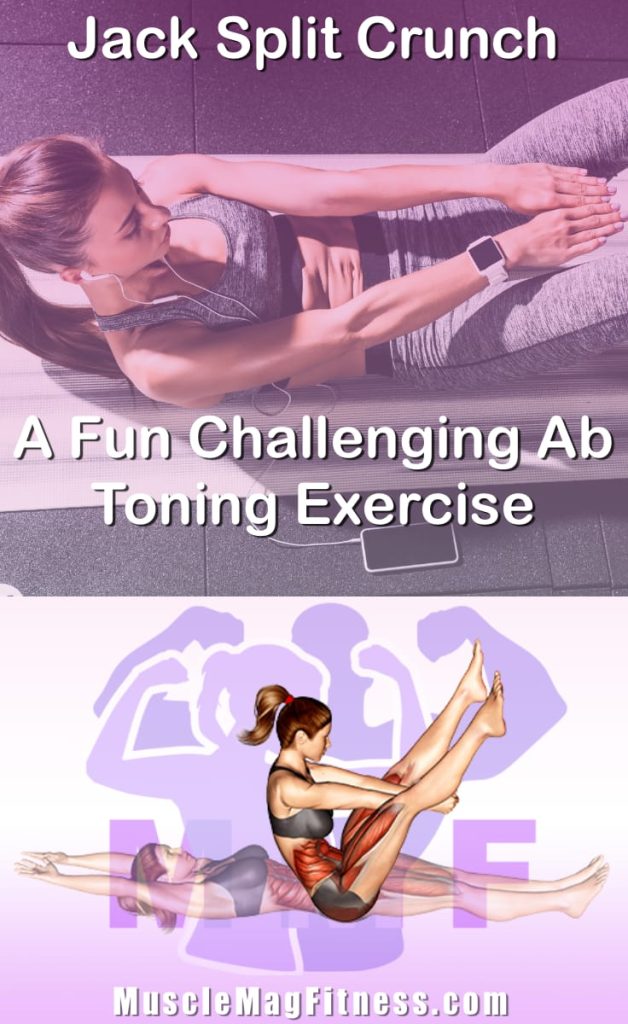 Pin image for jack split crunch post. With an image of a woman performing the exercise on Top and a graphic of the exercise on the Bottom.