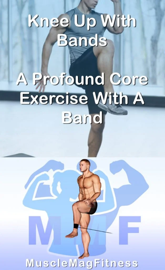 Pin image for knee up with bands post. With an image of a man performing the exercise on Top and a graphic of the exercise on the Bottom.