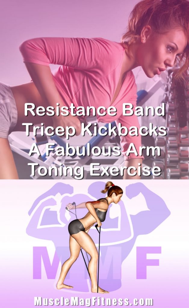 Pin image for resistance band tricep kickbacks post. With an image of a woman performing the exercise on Top and a graphic of the exercise on the Bottom.