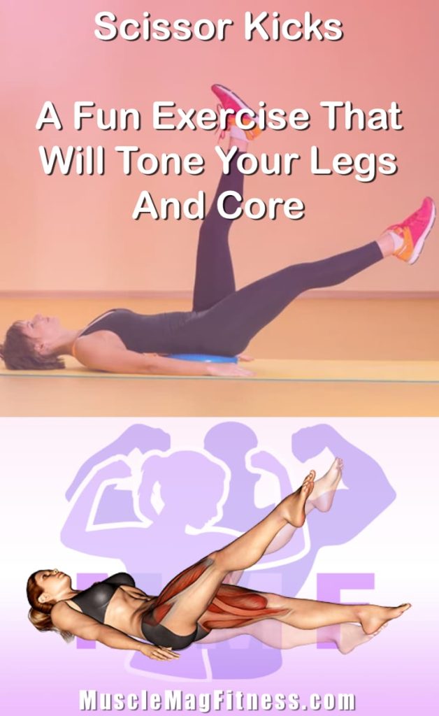 Pin image for scissor kicks post. With an image of a woman performing the exercise on Top and a graphic of the exercise on the Bottom.