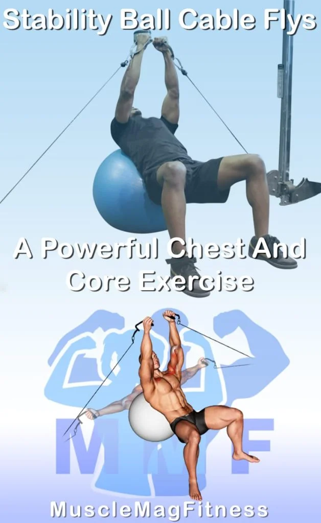 Pin image for stability ball cable flys post. With an image of a man performing the exercise on Top and a graphic of the exercise on the Bottom.