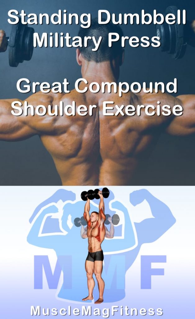 Pin image for standing dumbbell military press post. With an image of a man performing the exercise on Top and a graphic of the exercise on the Bottom.