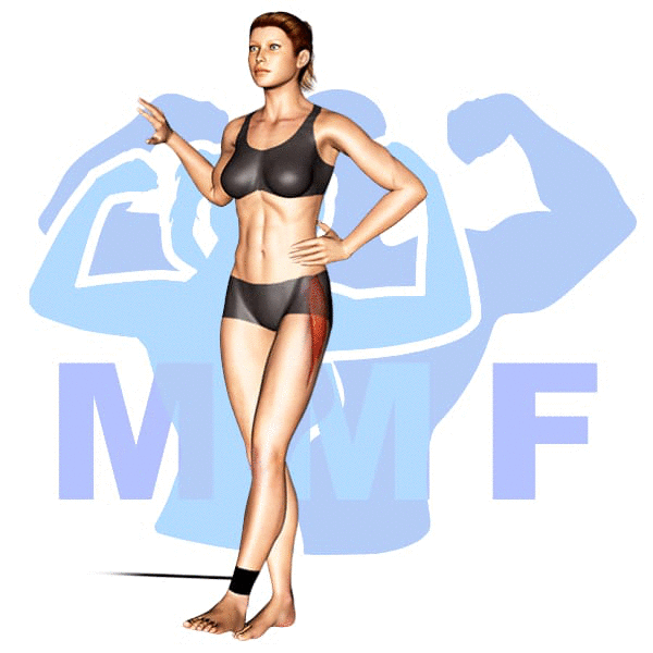 Woman performing resistance band abductors with MuscleMagFitness logo background.