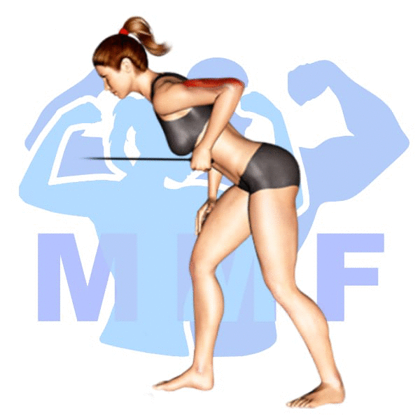 Woman Performing resistance band anchored tricep kickbacks with MuscleMagFitness Logo in the background.