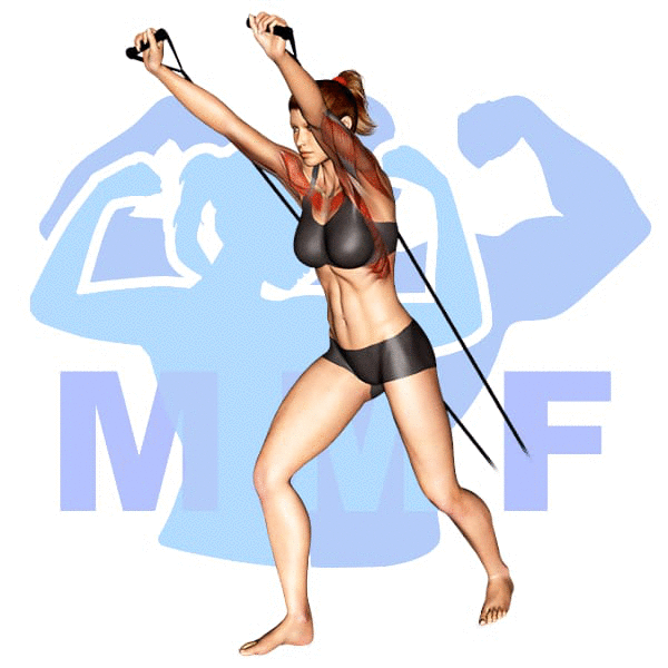 Woman performing resistance band incline press with MuscleMagFitness logo background.