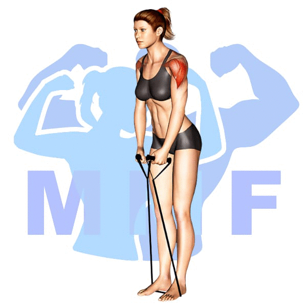 Woman Performing resistance band lateral raises with MuscleMagFitness Logo in the background.