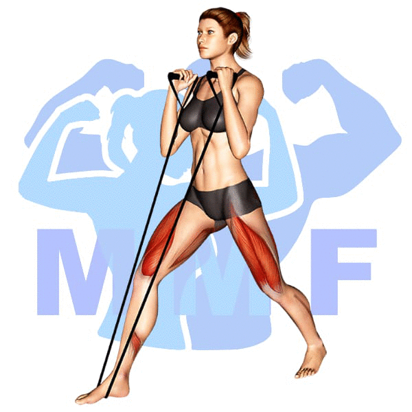Woman Performing resistance band lunges with MuscleMagFitness Logo in the background.
