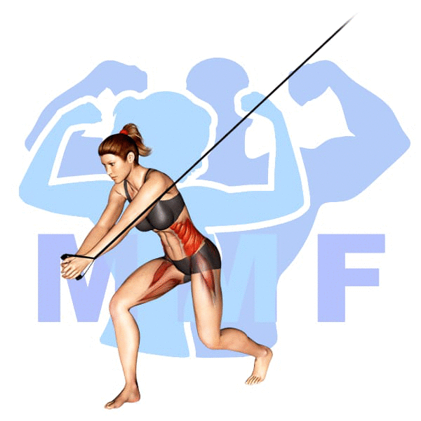Woman Performing resistance band pull down standing twists with MuscleMagFitness Logo in the background.