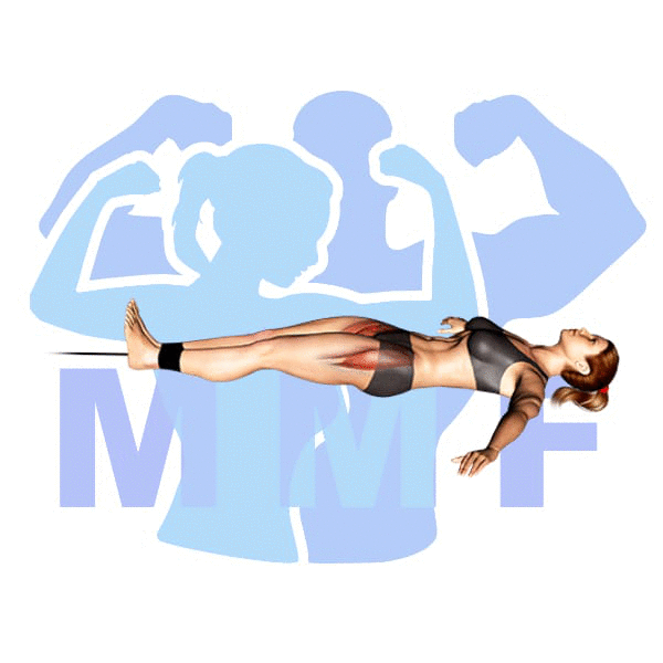 Woman performing resistance band reverse crunch with MuscleMagFitness logo background.
