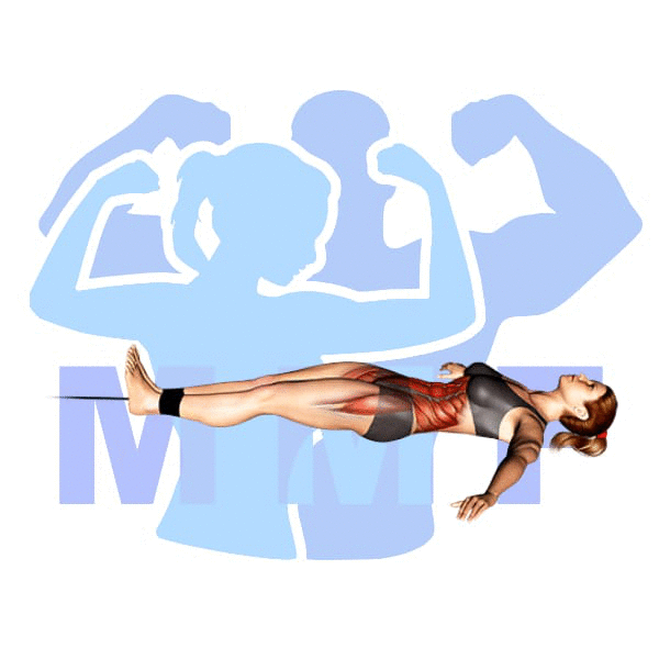 Woman performing resistance band reverse sit up with MuscleMagFitness logo background.