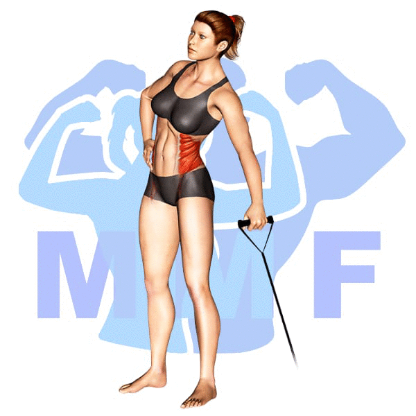 Woman performing resistance band side crunch with MuscleMagFitness logo background.