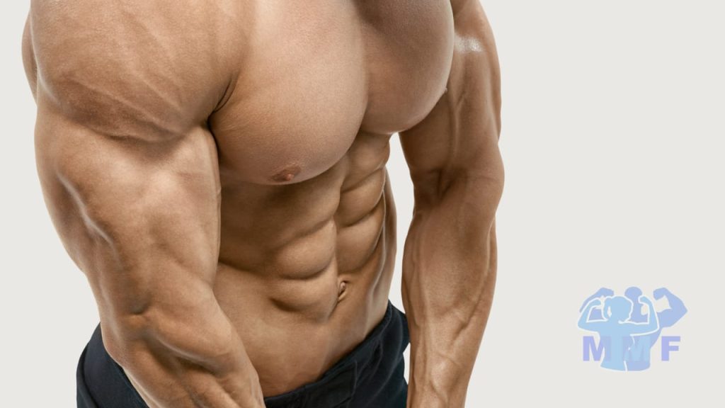 Shirtless strong man flexing his huge chest and arms with nice defined six pack abs.