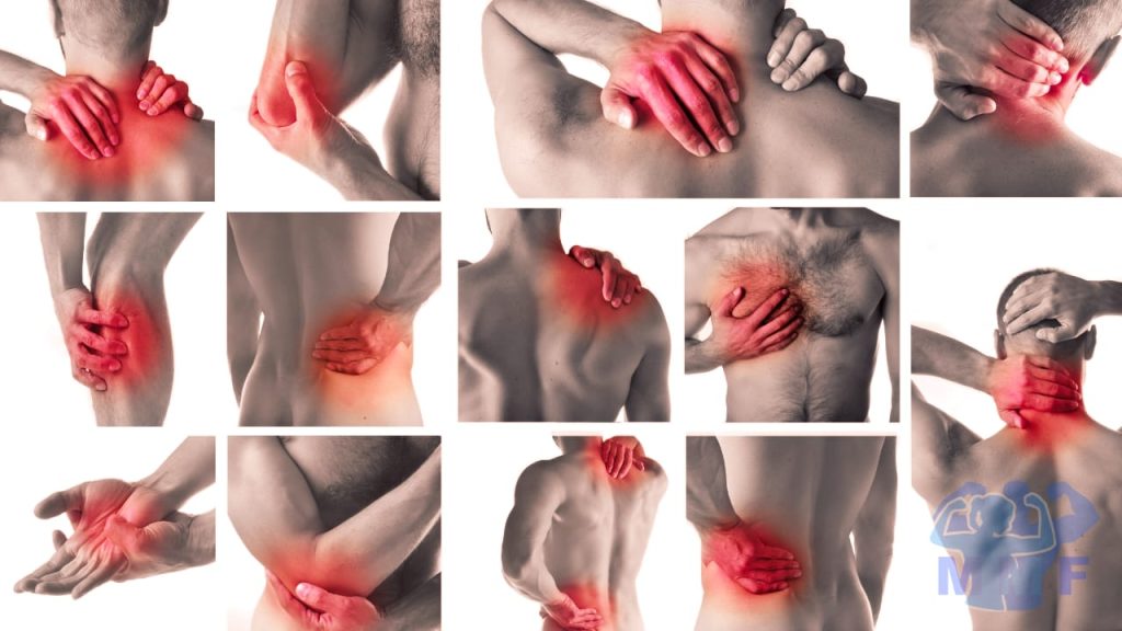collage of a man experiencing many common exercise injuries.