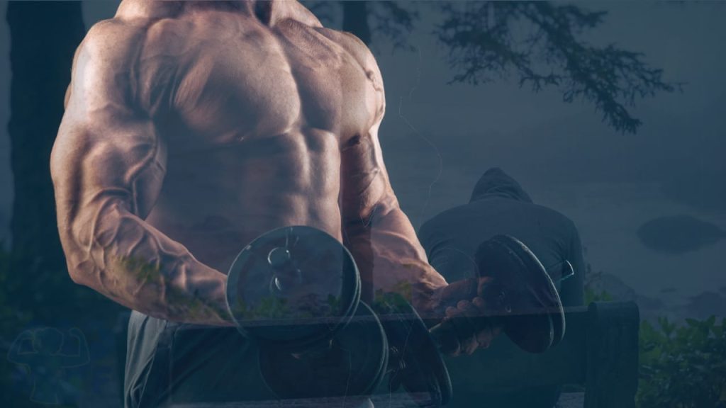 Muscular shirtless man flexing with dumbbells and a man overlaid over a depressed man looking over a cliff to demonstrate the different DMAE benefits.
