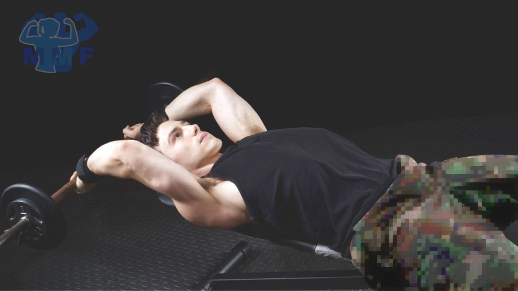 Man performing bent arm barbell pullovers on flat bench.