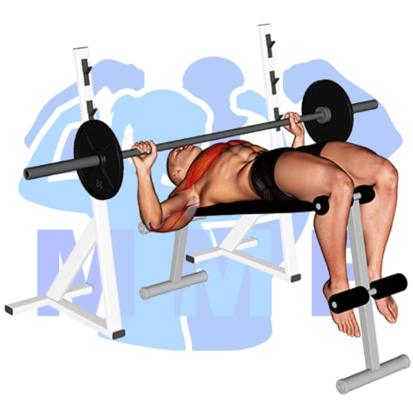 Man performing barbell decline bench press with MuscleMagFitness logo background.