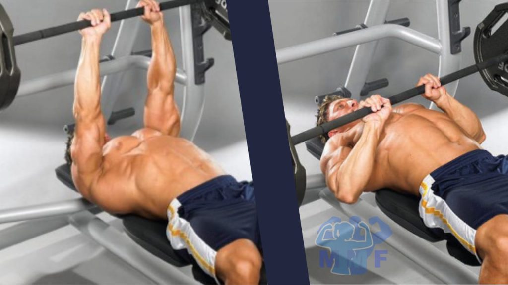 Man performing narrow grip bench press for strong triceps.