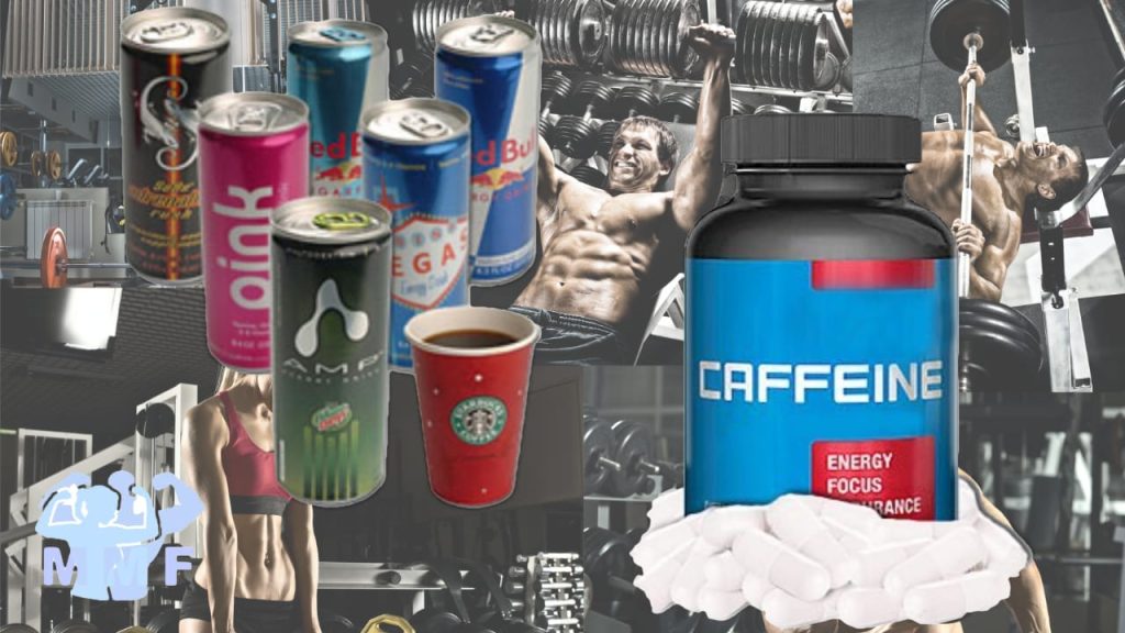 Cans of energy drinks and bottle of caffeine to improve workout performance.