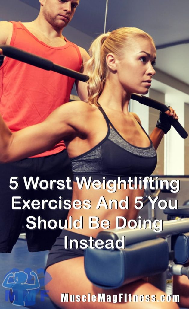 Pin image of Fit woman with personal trainer doing one of the worst weightlifting exercises behind the back lat pulldowns.