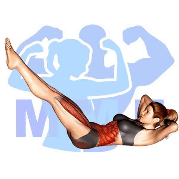 Woman performing bicycle abdominal crunch MuscleMagFitness logo background.