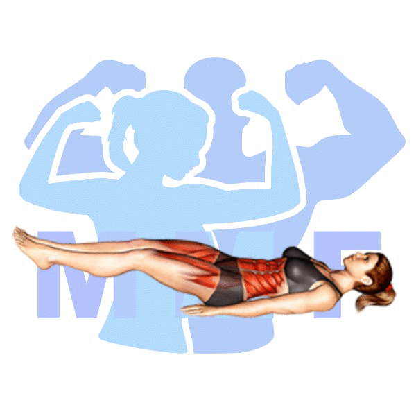 Woman performing lying leg raises with MuscleMagFitness logo background.