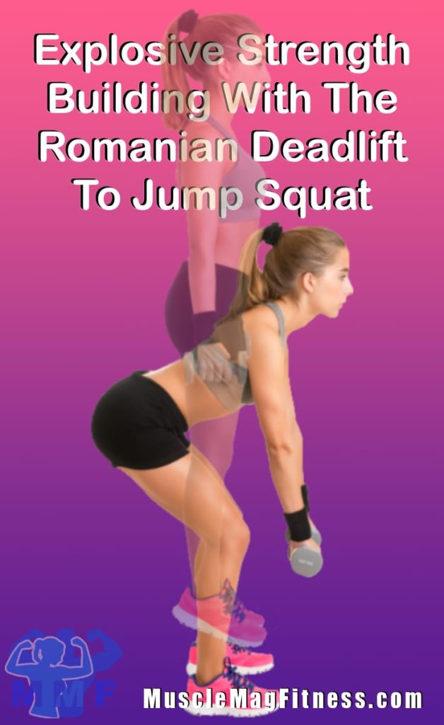 Pin of fit woman performing Romanian deadlift to jump squats with dumbbells in her hands.
