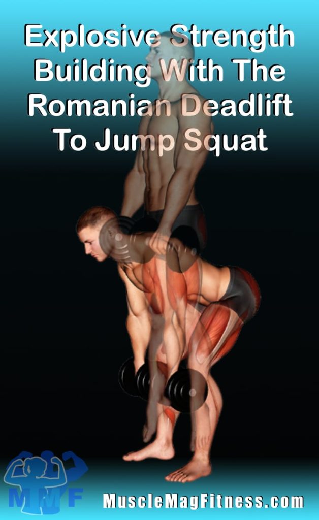 Pin of muscular man performing Romanian deadlift to jump squats with dumbbells in her hands.