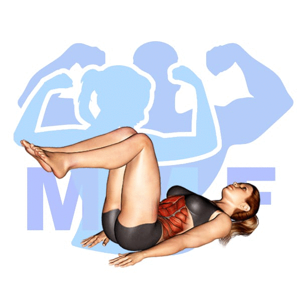 Woman performing Reverse Crunch with MuscleMagFitness logo background.