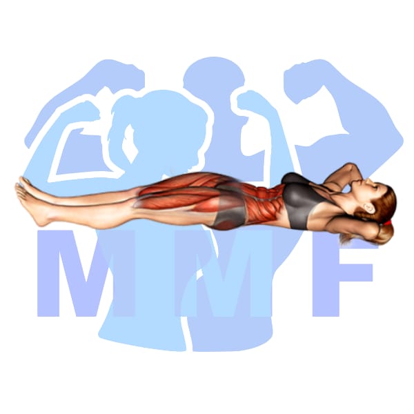 Woman performing lying pelvic tilt with MuscleMagFitness logo background.