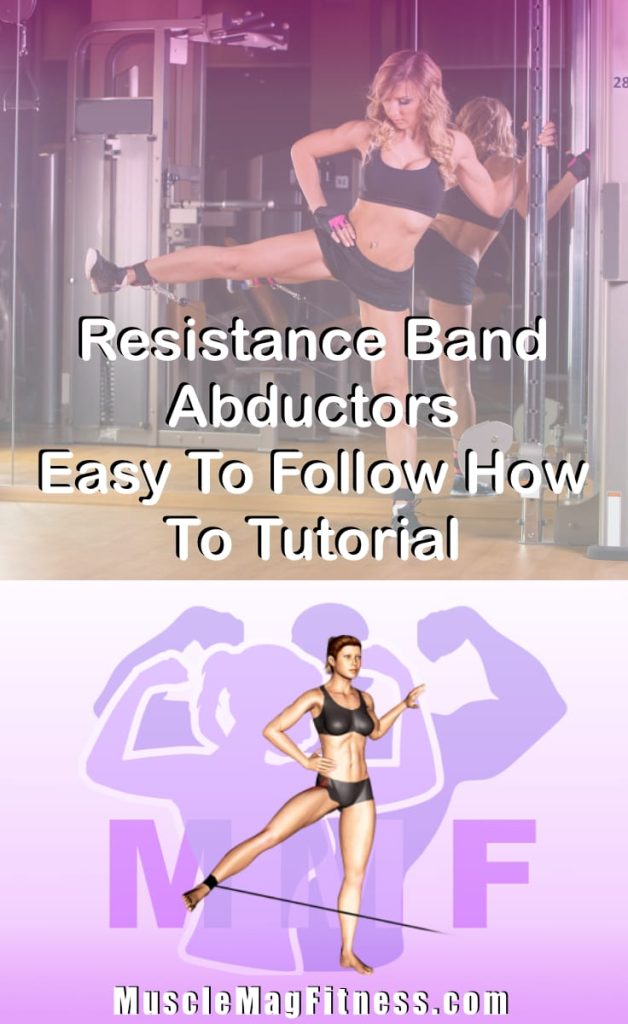 Pin image for resistance band abductors post. With an image of a woman performing the exercise on Top and a graphic of the exercise on the Bottom.