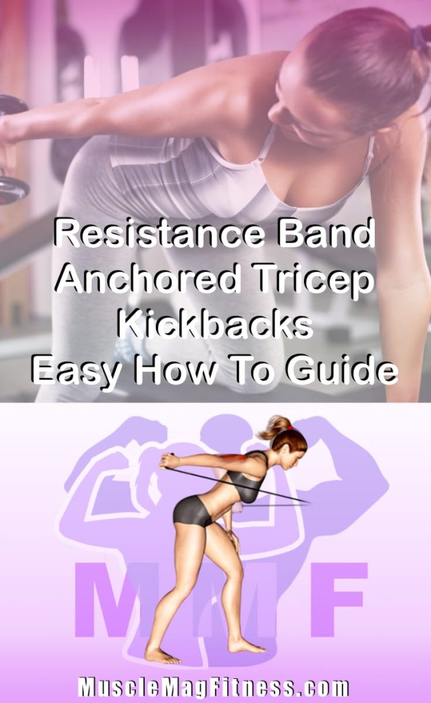 Pin image for resistance band anchored tricep kickbacks post. With an image of a woman performing the exercise on Top and a graphic of the exercise on the Bottom.