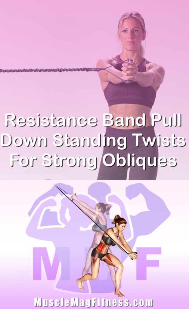 Pin image for resistance band pull down standing twists post. With an image of a woman performing the exercise on Top and a graphic of the exercise on the Bottom.