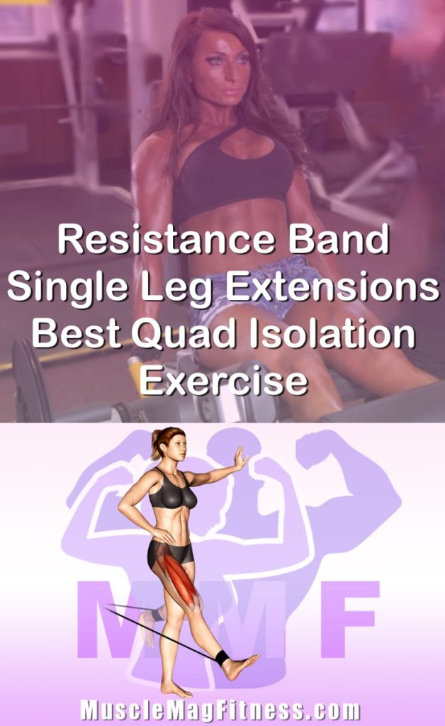 Pin image for resistance band single leg extensions post. With an image of a woman performing the exercise on Top and a graphic of the exercise on the Bottom.