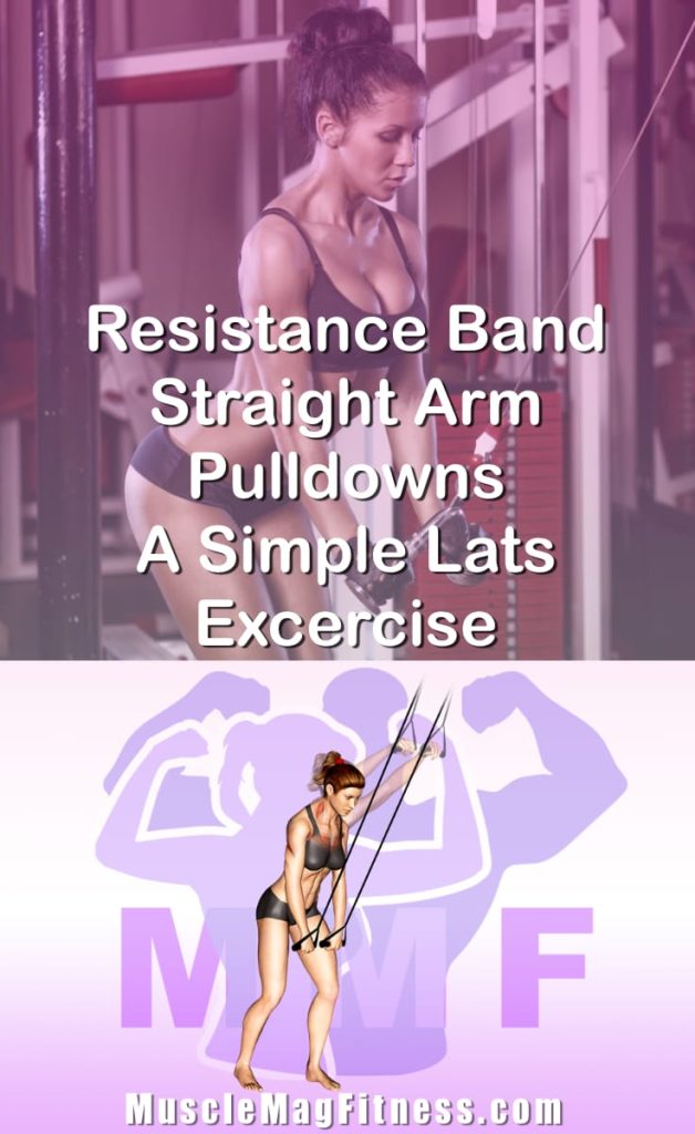 Pin image for resistance band straight arm pulldowns post. With an image of a woman performing the exercise on Top and a graphic of the exercise on the Bottom.