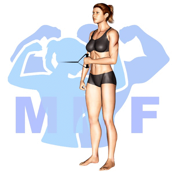 Woman performing resistance band external shoulder rotation with MuscleMagFitness logo background.