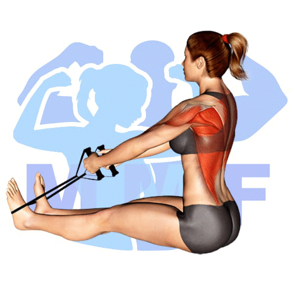 Woman performing resistance band straight back seated rows with MuscleMagFitness logo background.