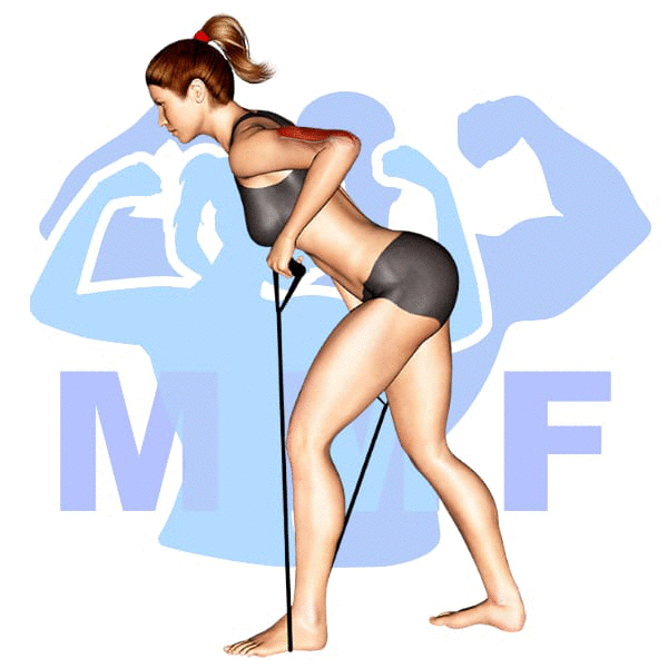 Woman performing resistance band tricep kickbacks with MuscleMagFitness logo background.
