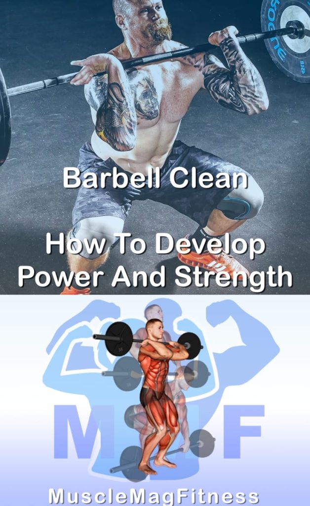 Pin image for barbell clean post. With an image of a man performing the exercise on Top and a graphic of the exercise on the Bottom.