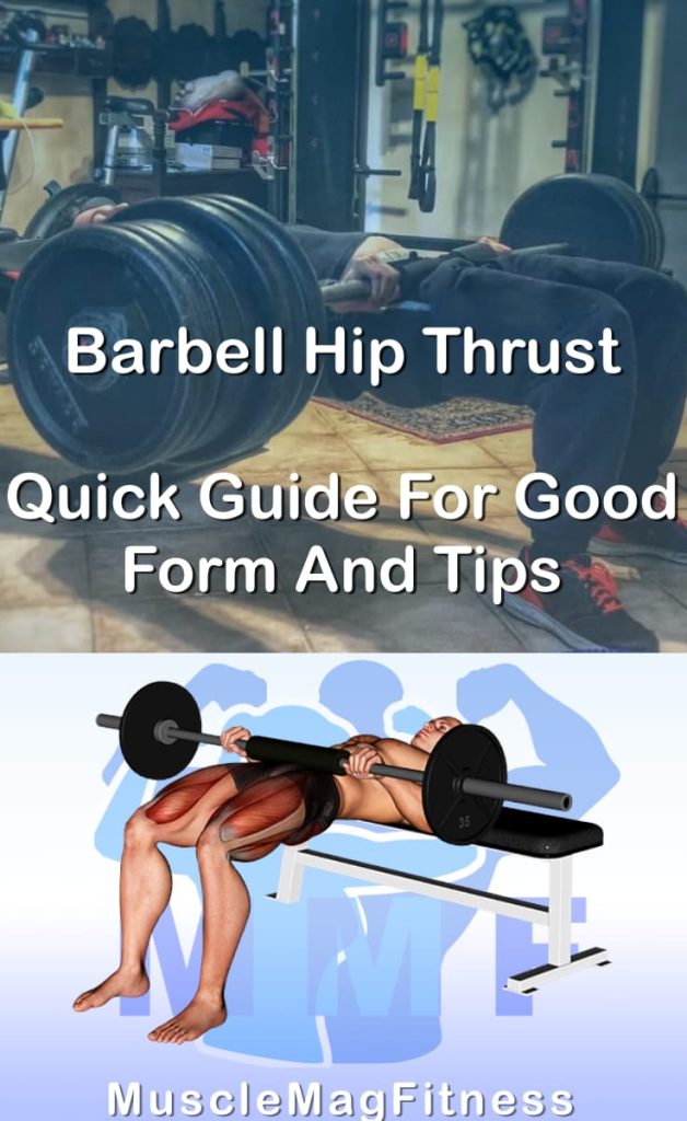 Pin image for barbell hip thrust post. With an image of a man performing the exercise on Top and a graphic of the exercise on the Bottom.
